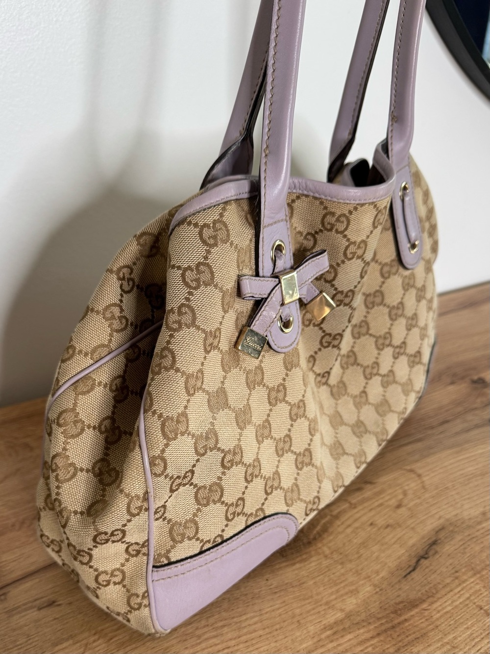Authentic Gucci GG Monogram Canvas Princy Tote Beige Purple Leather Shoulder Bag - Picture 4 of 16